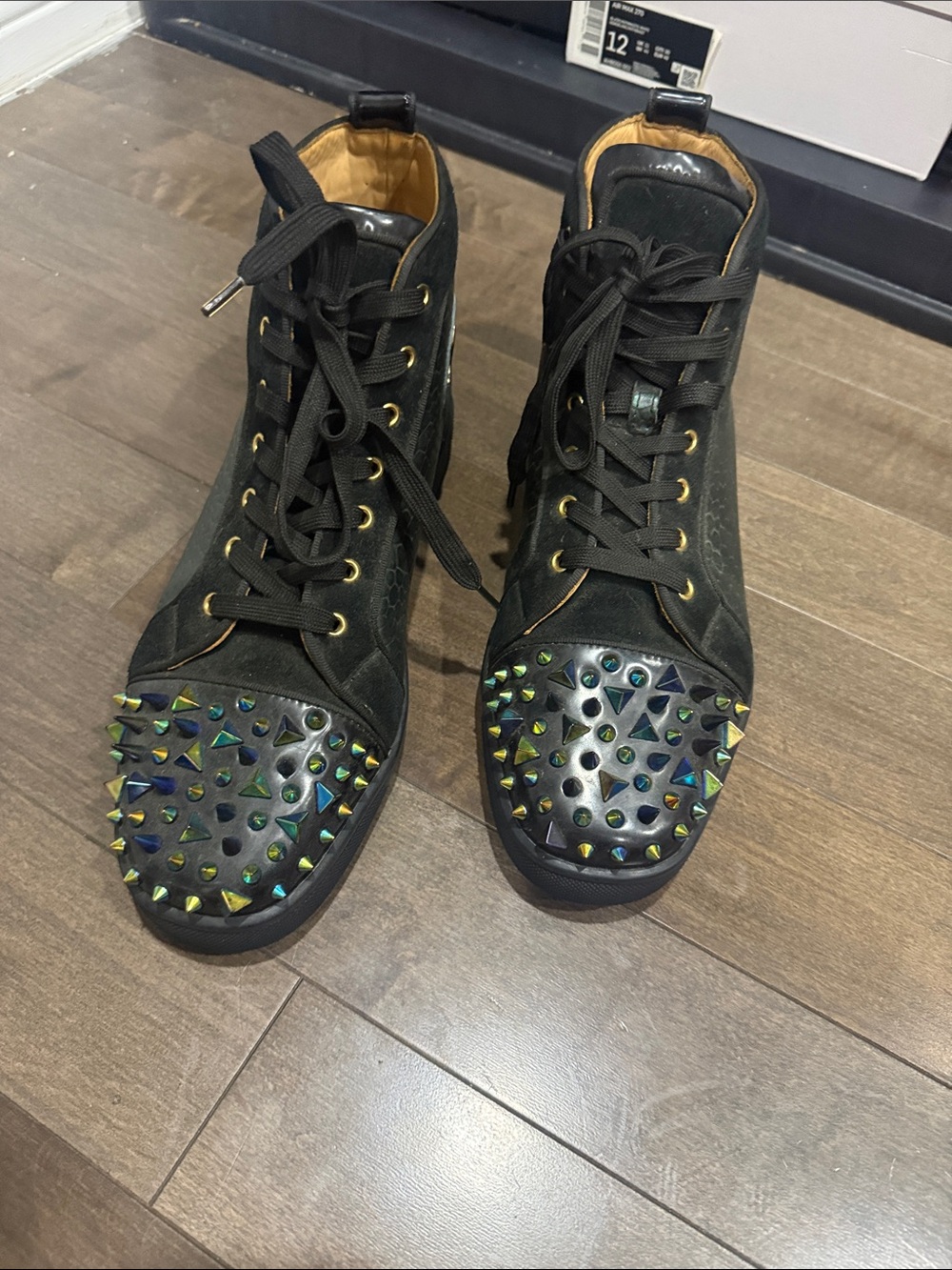 Christian Louboutin Black High-Top Sneakers with Iridescent Studs